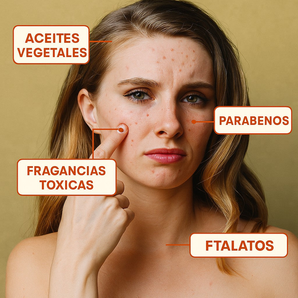 Mujer con etiquetas de ingredientes perjudiciales